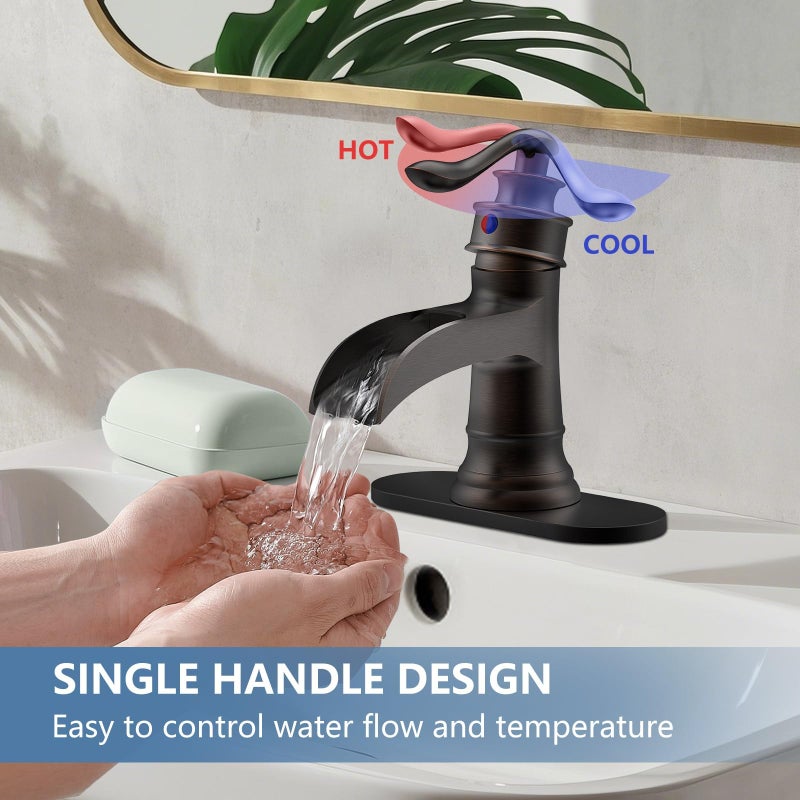 Homevacious Bathroom Faucet Waterfall Sink Faucets Bath Brushed Nickel Farmhouse Sink Vanity Single Handle 1 Hole or 3 Hole Basin Mixer Tap Lavatory Faucet with Deck Plate - Brushed Nickel - Image 5